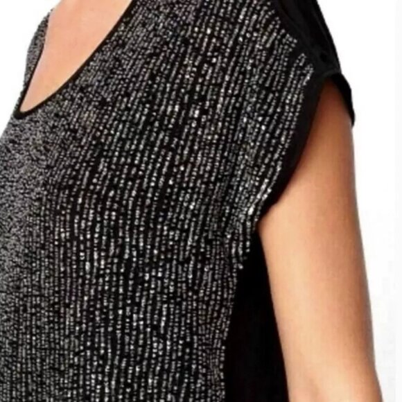 Eileen Fisher Crep Silk Sequin Rivulet Black Cap Sleeve Cocktail Blouse Top Tee - Picture 4 of 4